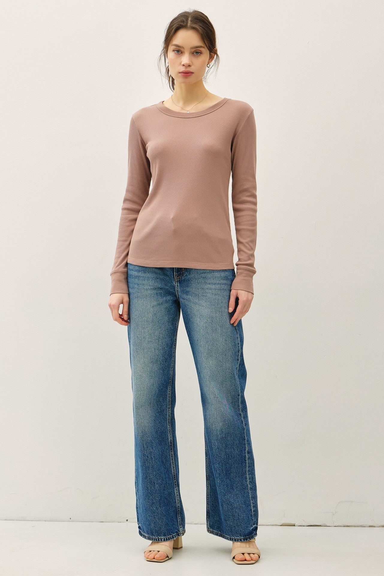 Mocha Ribbed Basic Long Sleeve Top