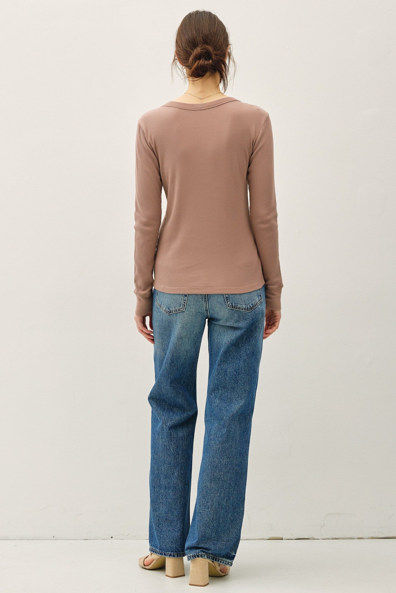 Mocha Ribbed Basic Long Sleeve Top