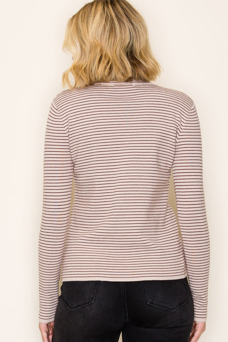 Light Taupe Pinstriped Mock Neck Knit Top
