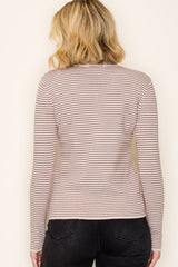 Light Taupe Pinstriped Mock Neck Knit Top