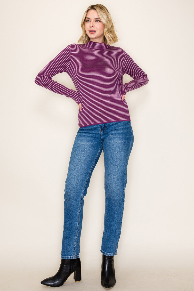 Plum Pinstriped Mock Neck Knit Top