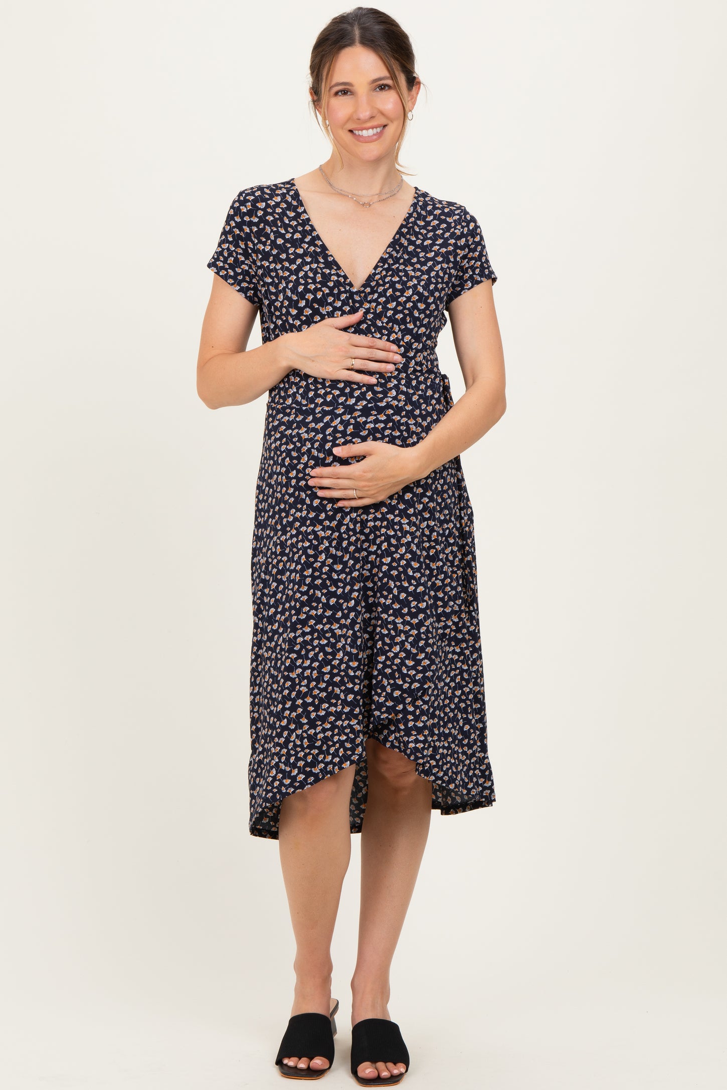 Navy Printed V-Neck Maternity Midi Wrap Dress