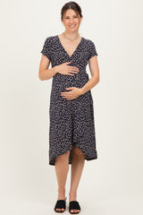 Navy Printed V-Neck Maternity Midi Wrap Dress
