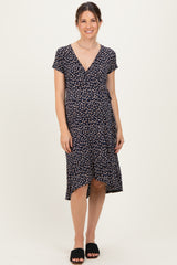 Navy Printed V-Neck Maternity Midi Wrap Dress