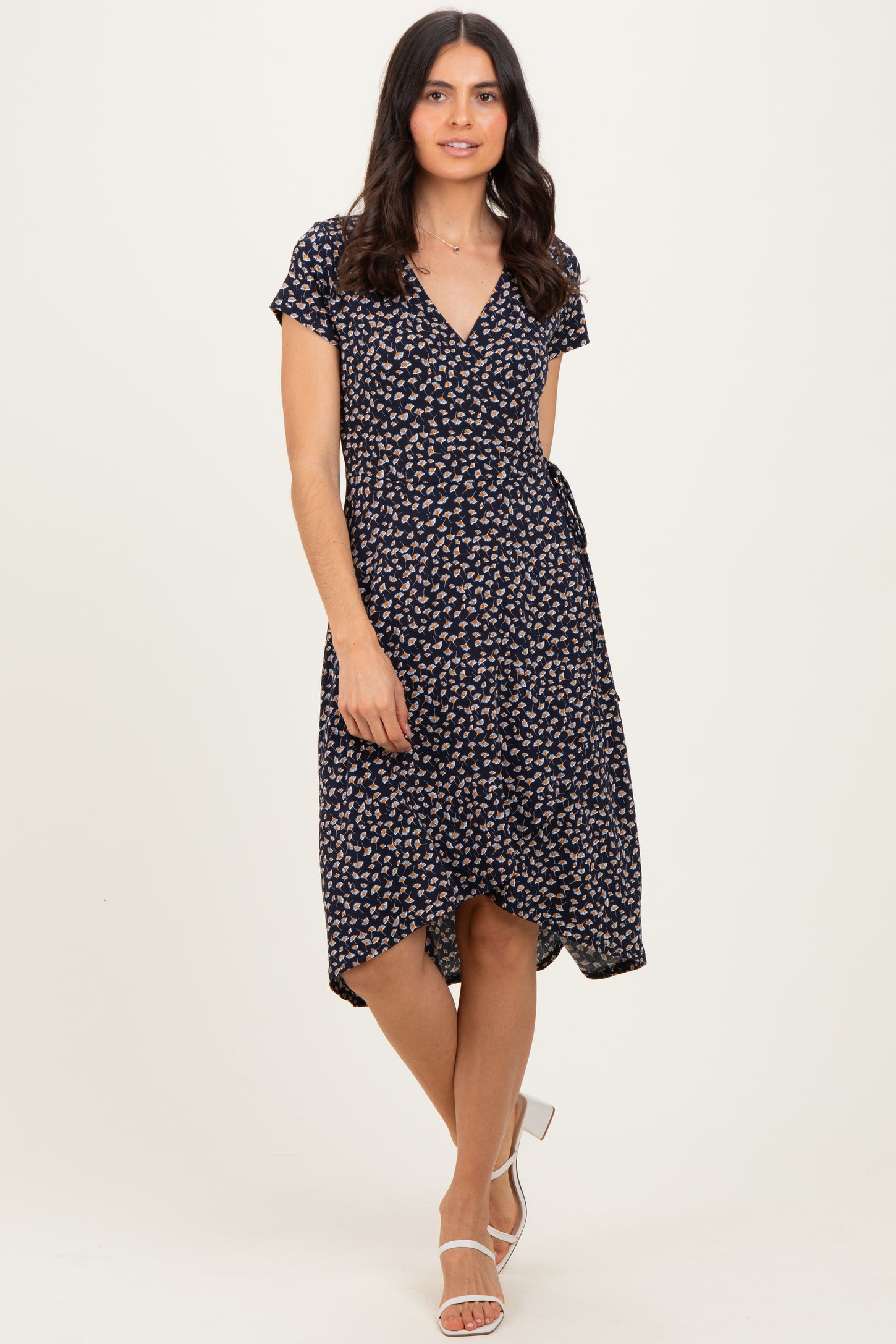 Navy Printed V-Neck Maternity Midi Wrap Dress