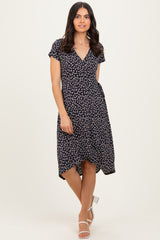 Navy Printed V-Neck Maternity Midi Wrap Dress
