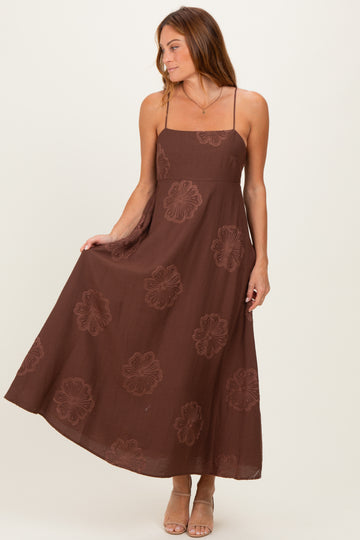 Mocha Flower Embroidered Midi Dress