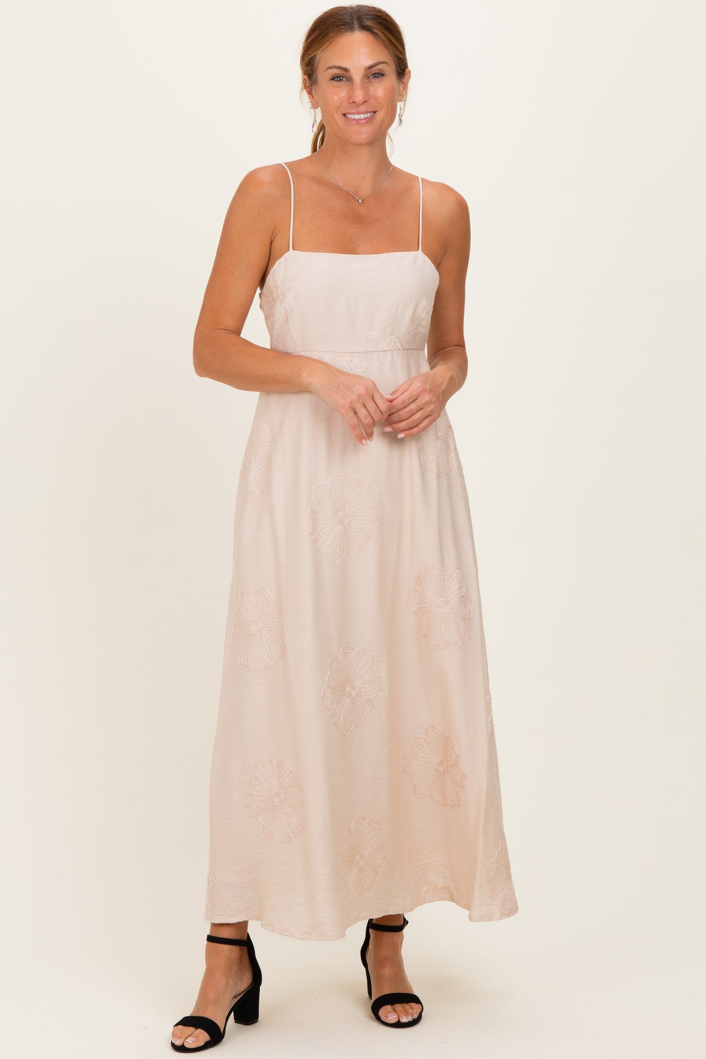 Beige Flower Embroidered Maternity Midi Dress