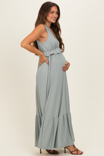 Sage Ribbed Sleeveless V-Neck Ruffle Tiered Maternity Maxi Dress