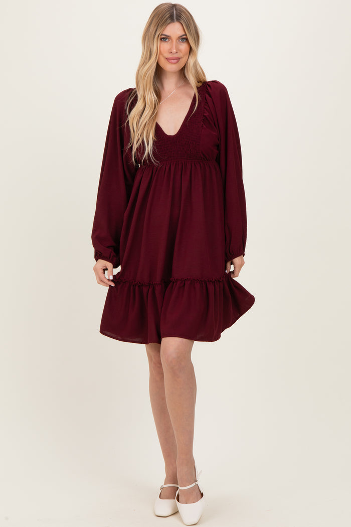 Burgundy Long Sleeve V-Neck Tiered Maternity Midi Dress
