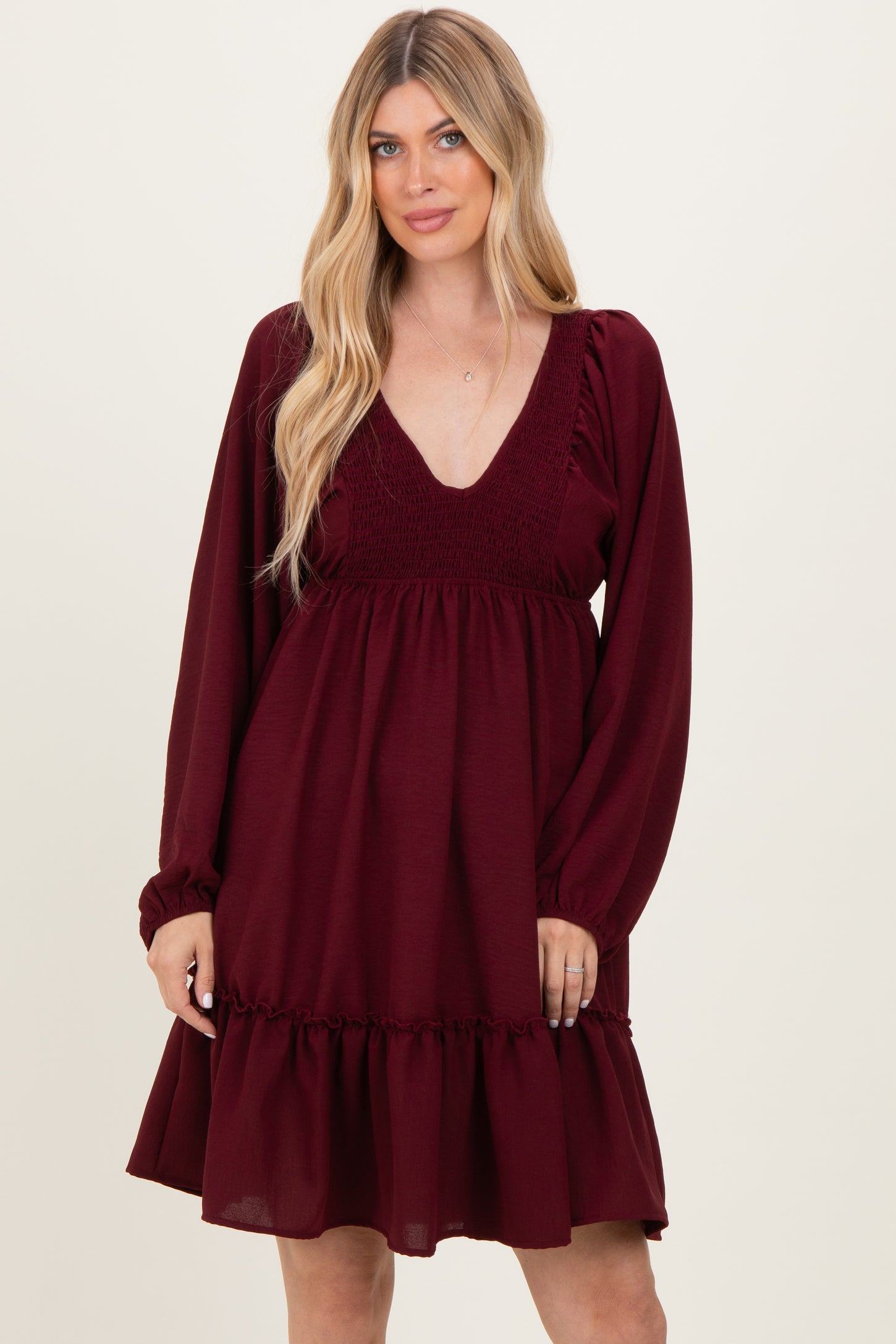 Burgundy Long Sleeve V-Neck Tiered Midi Dress