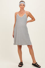 Ivory/ Black Striped Sleeveless Halter Maternity Mini Dress