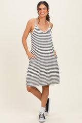 Ivory/ Black Striped Sleeveless Halter Maternity Mini Dress