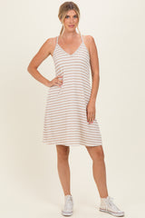Cream/ Camel Striped Sleeveless Halter Maternity Mini Dress