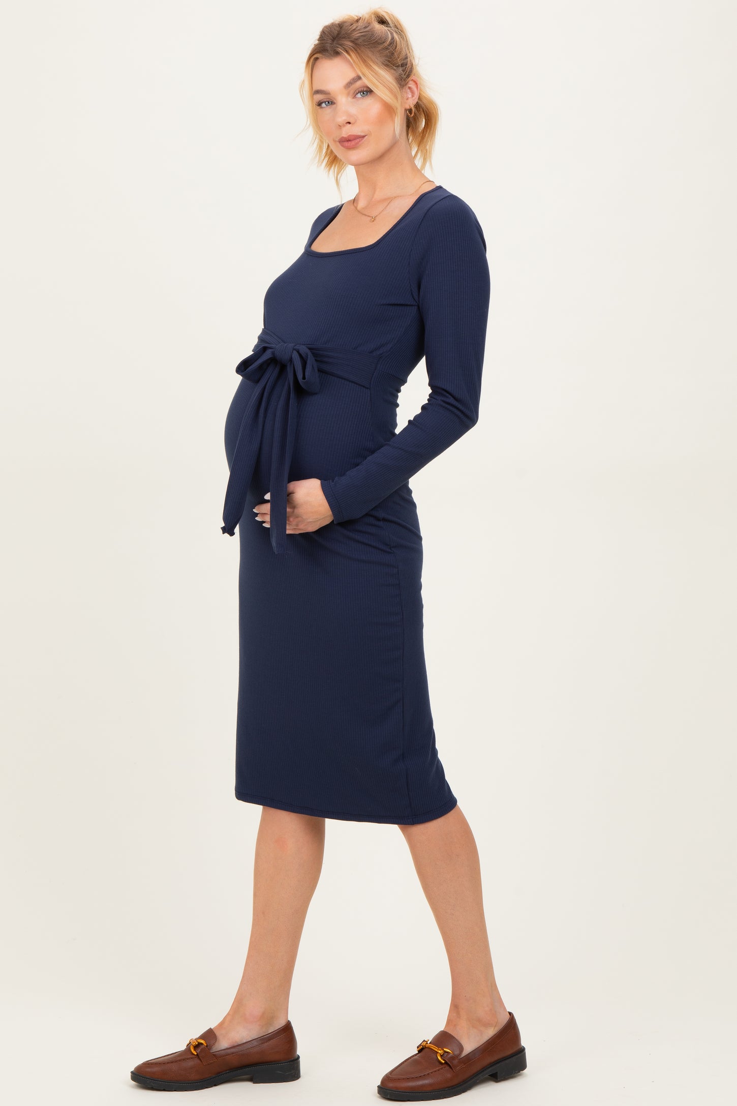 Navy Ribbed Long Sleeve Square Neck Tie Belt Maternity Midi Dress