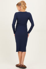 Navy Ribbed Long Sleeve Square Neck Tie Belt Maternity Midi Dress