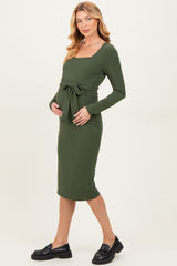 Olive Ribbed Long Sleeve Square Neck Tie Belt Maternity Midi Dress