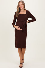 Brown Ribbed Long Sleeve Square Neck Tie Belt Maternity Midi Dress