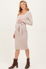 Beige Ribbed Long Sleeve Square Neck Tie Belt Maternity Midi Dress
