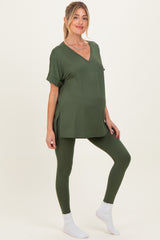 Olive Oversized V-Neck Tee Legging Maternity Lounge Set