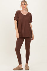 Brown Oversized V-Neck Tee Legging Lounge Set
