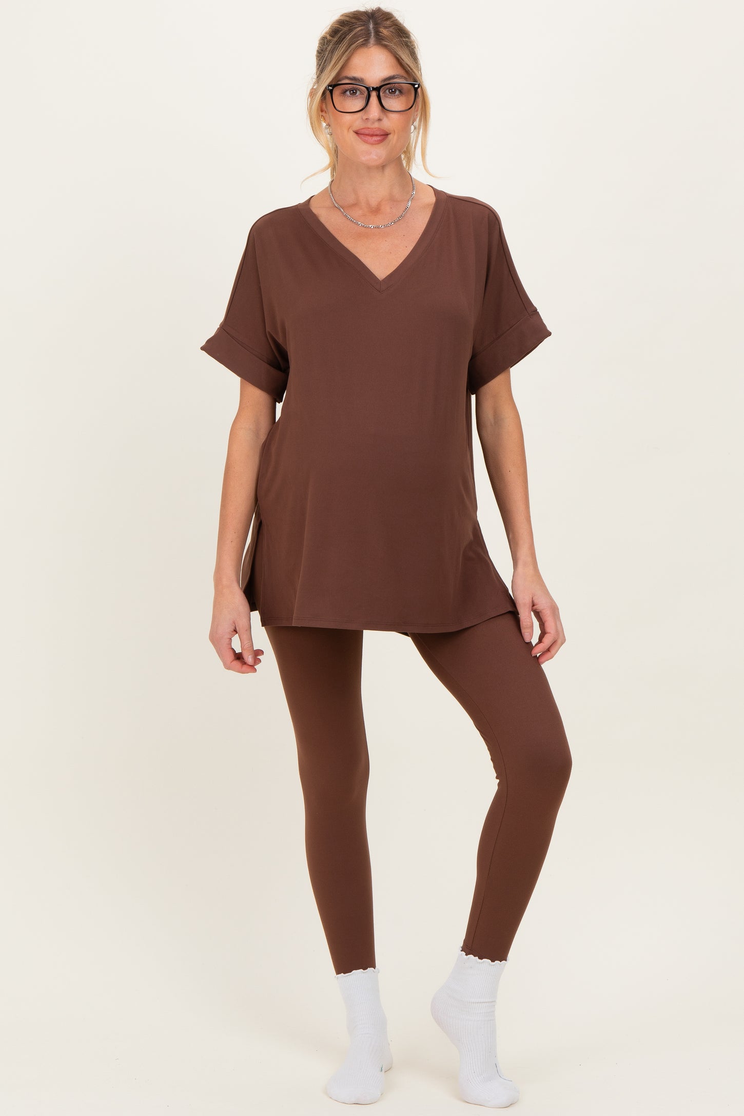 Brown Oversized V-Neck Tee Legging Maternity Lounge Set