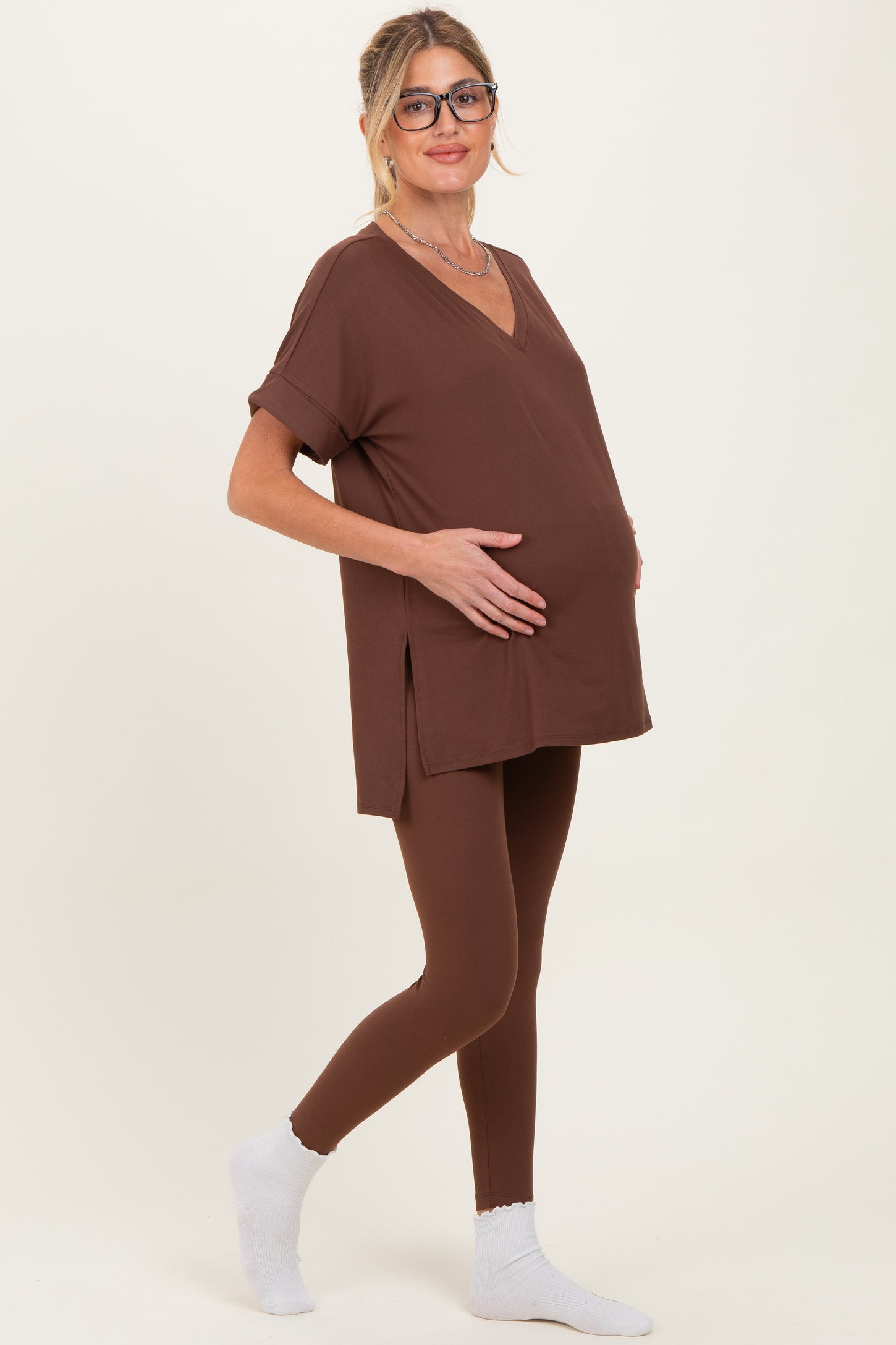Brown Oversized V-Neck Tee Legging Maternity Lounge Set