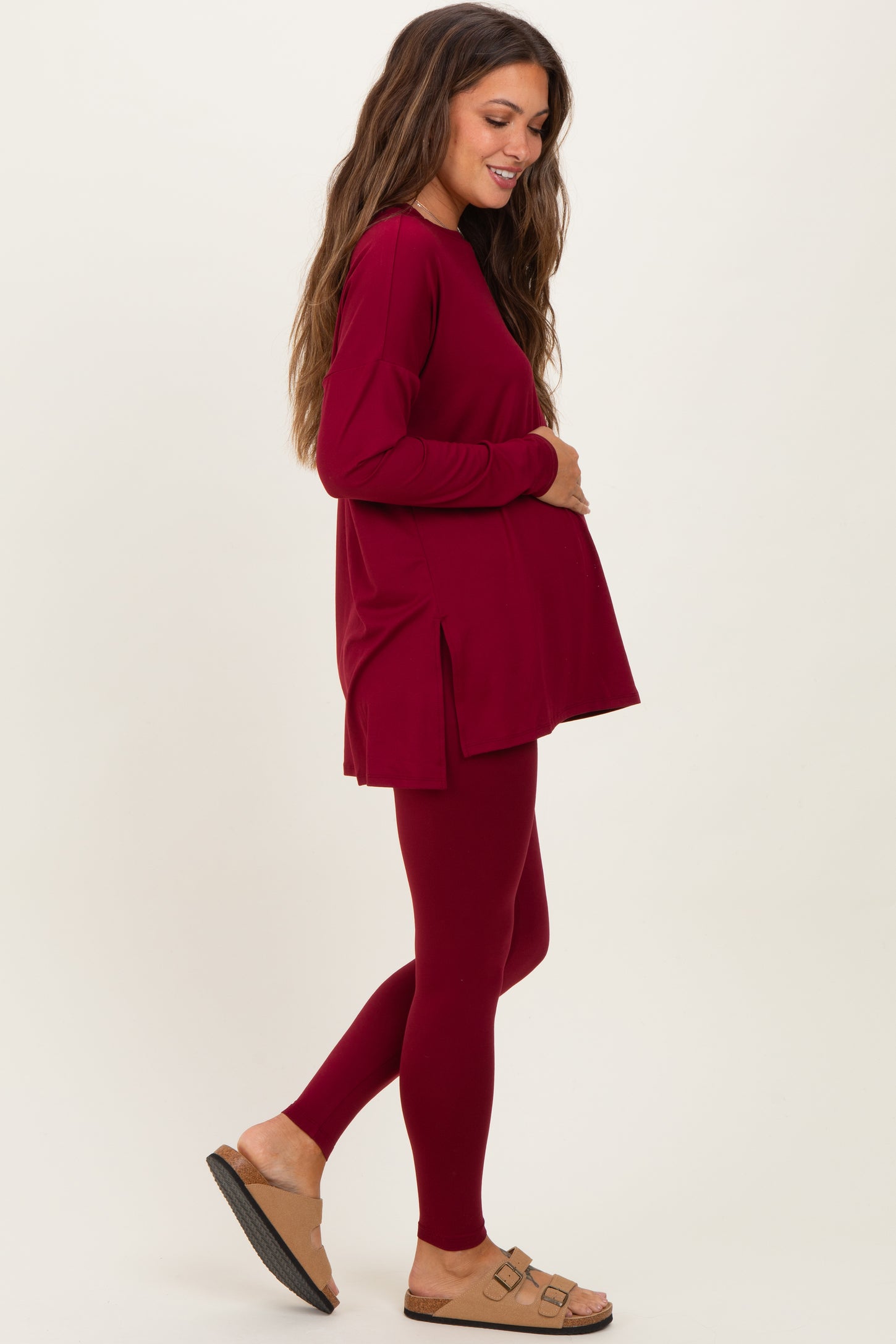Burgundy Brushed Knit Oversized Top and Legging Maternity Set