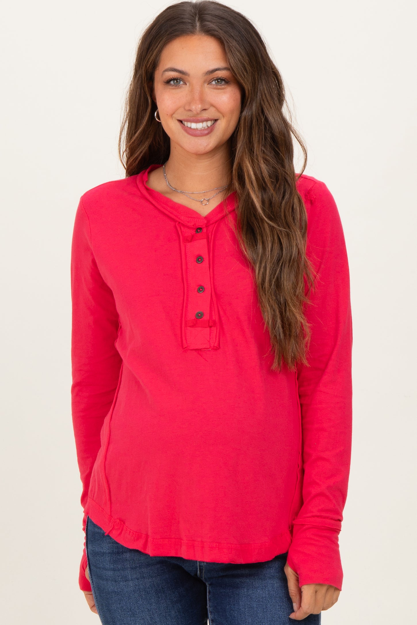 Fuchsia Long Sleeve Exposed Seam Maternity Top