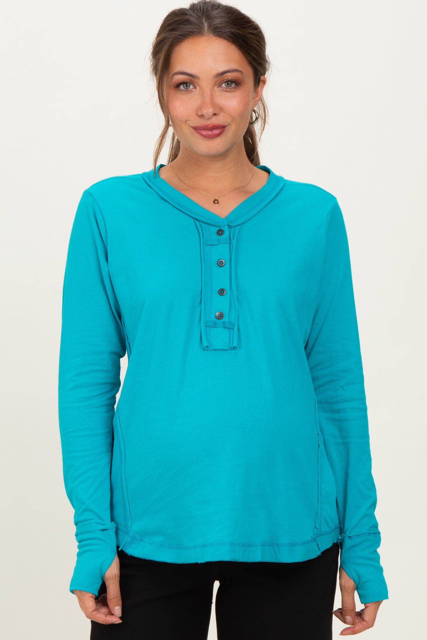 Turquoise Long Sleeve Exposed Seam Maternity Top
