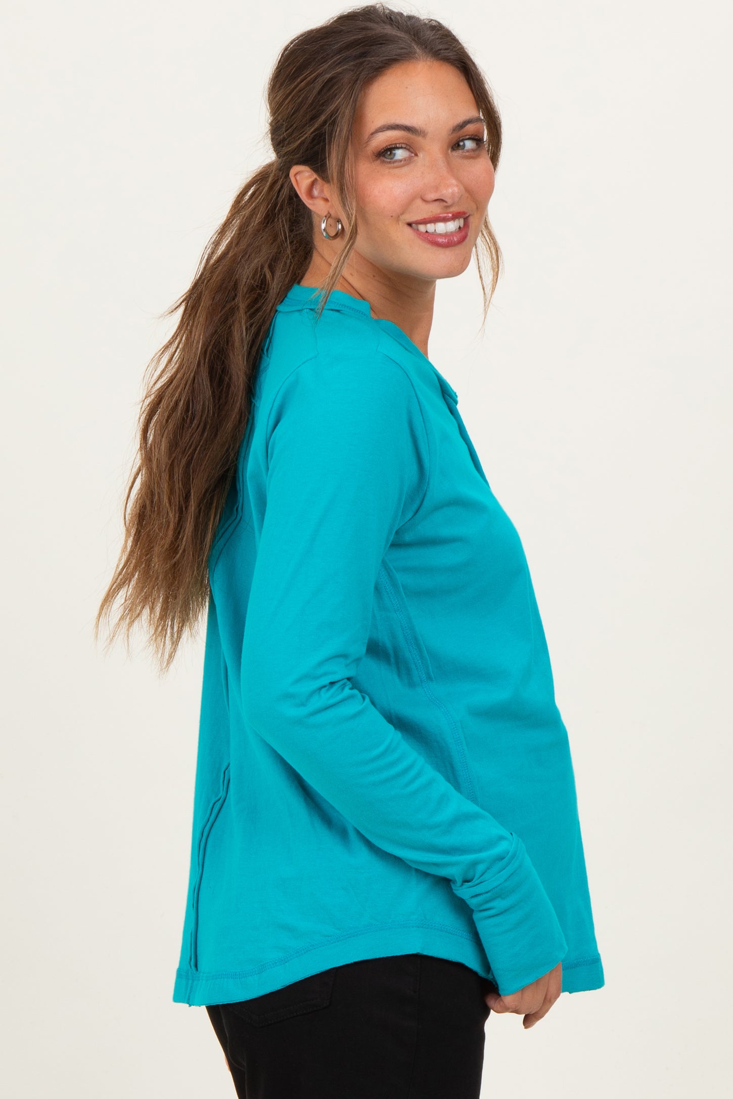 Turquoise Long Sleeve Exposed Seam Maternity Top