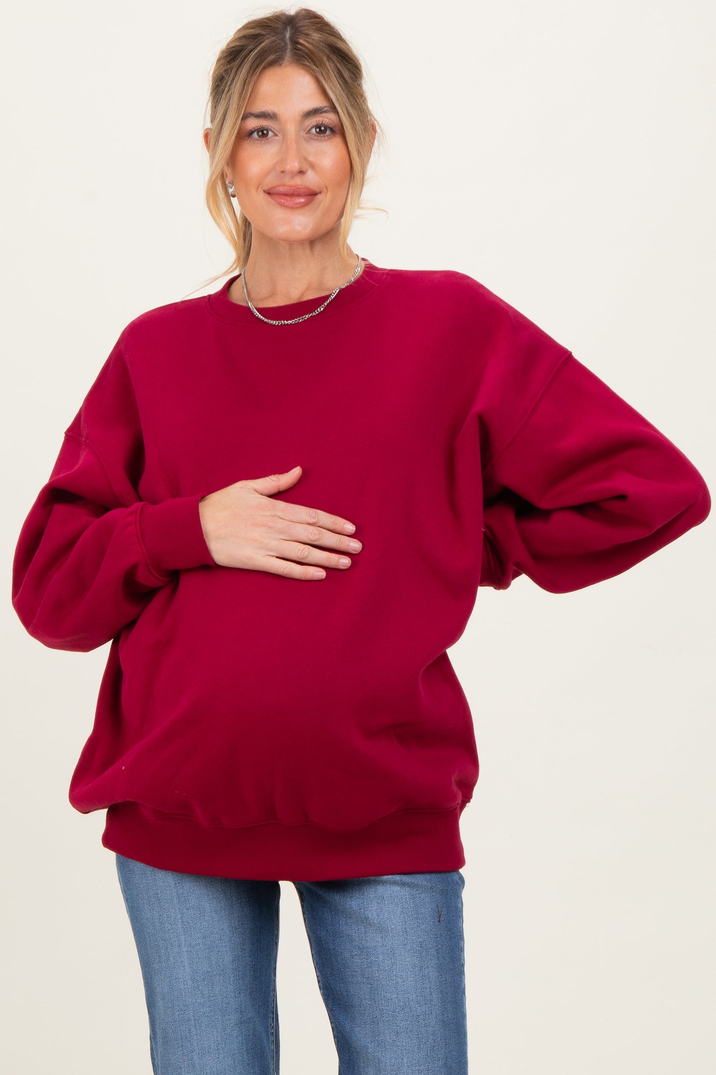 Red Oversized Maternity Fleece Sweatshirt