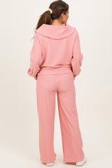 Peach Ribbed High Neck Half Zip Pullover Maternity Pant Set