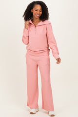 Peach Ribbed High Neck Half Zip Pullover Maternity Pant Set