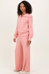 Peach Ribbed High Neck Half Zip Pullover Pant Set