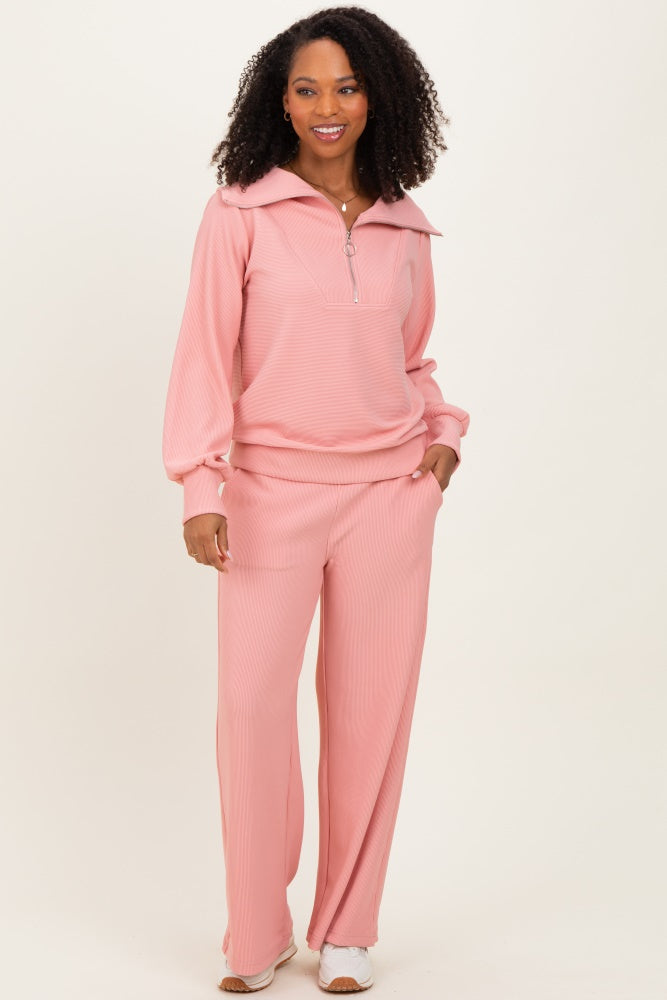 Peach Ribbed High Neck Half Zip Pullover Pant Set