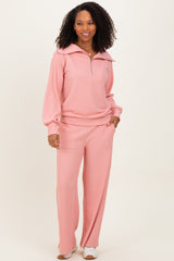 Peach Ribbed High Neck Half Zip Pullover Pant Set