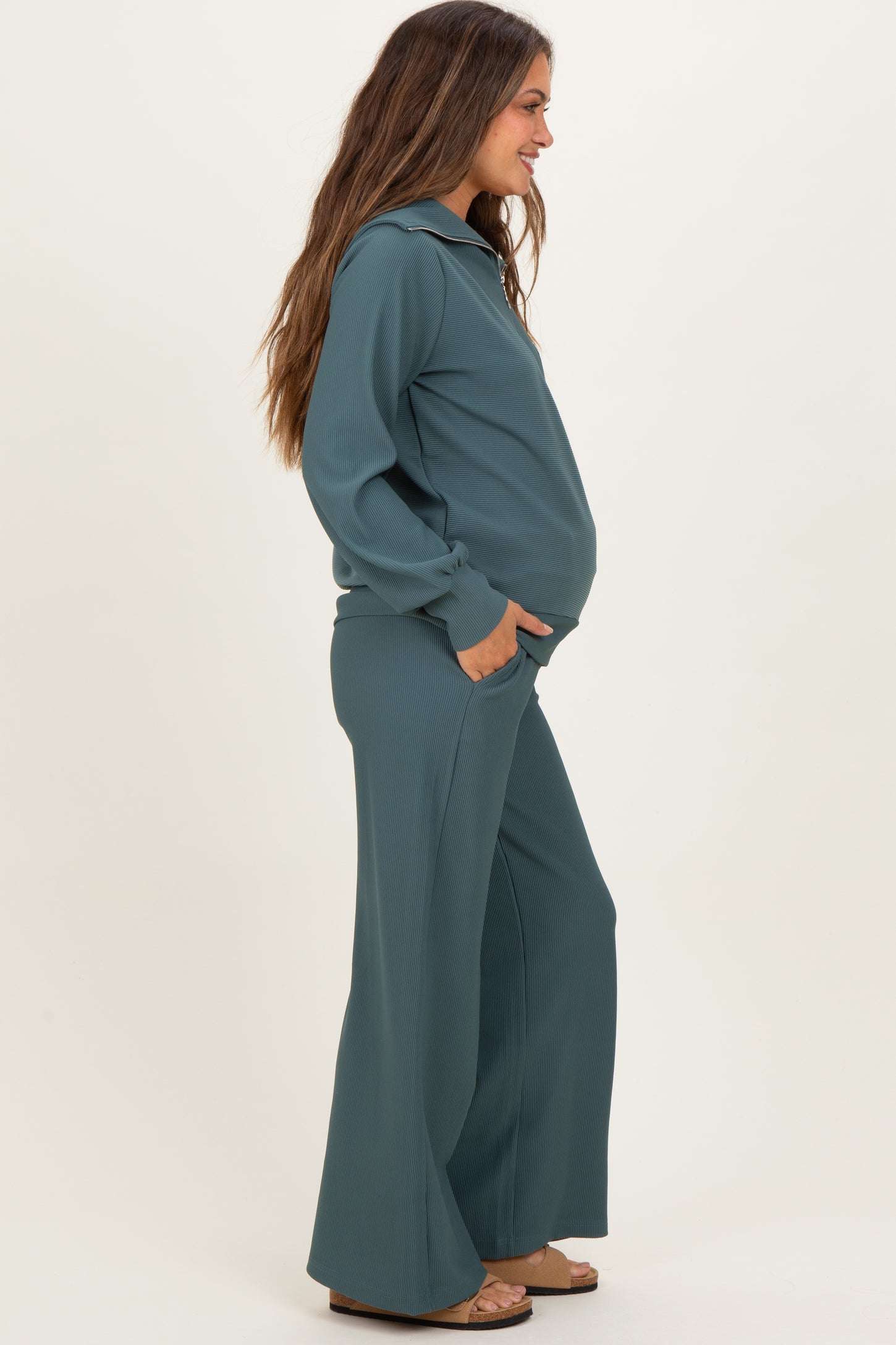 Teal Ribbed High Neck Half Zip Pullover Maternity Pant Set