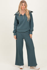 Teal Ribbed High Neck Half Zip Pullover Pant Set