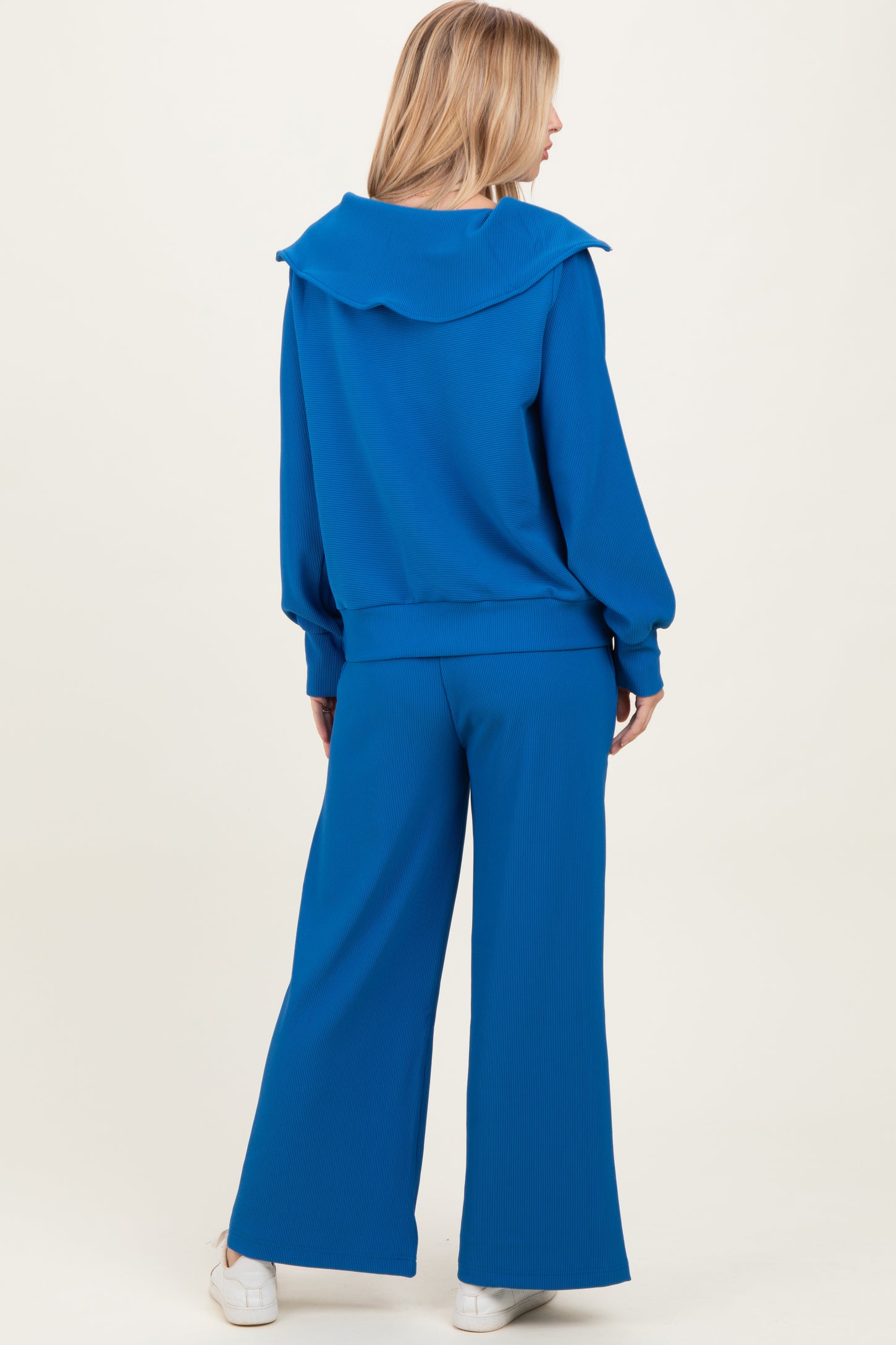 Blue Ribbed High Neck Half Zip Pullover Pant Set