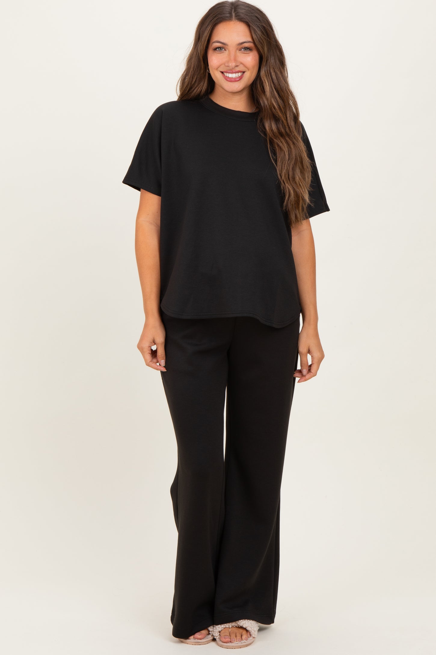 Black Curved Hem Tee Pants Maternity Lounge Set