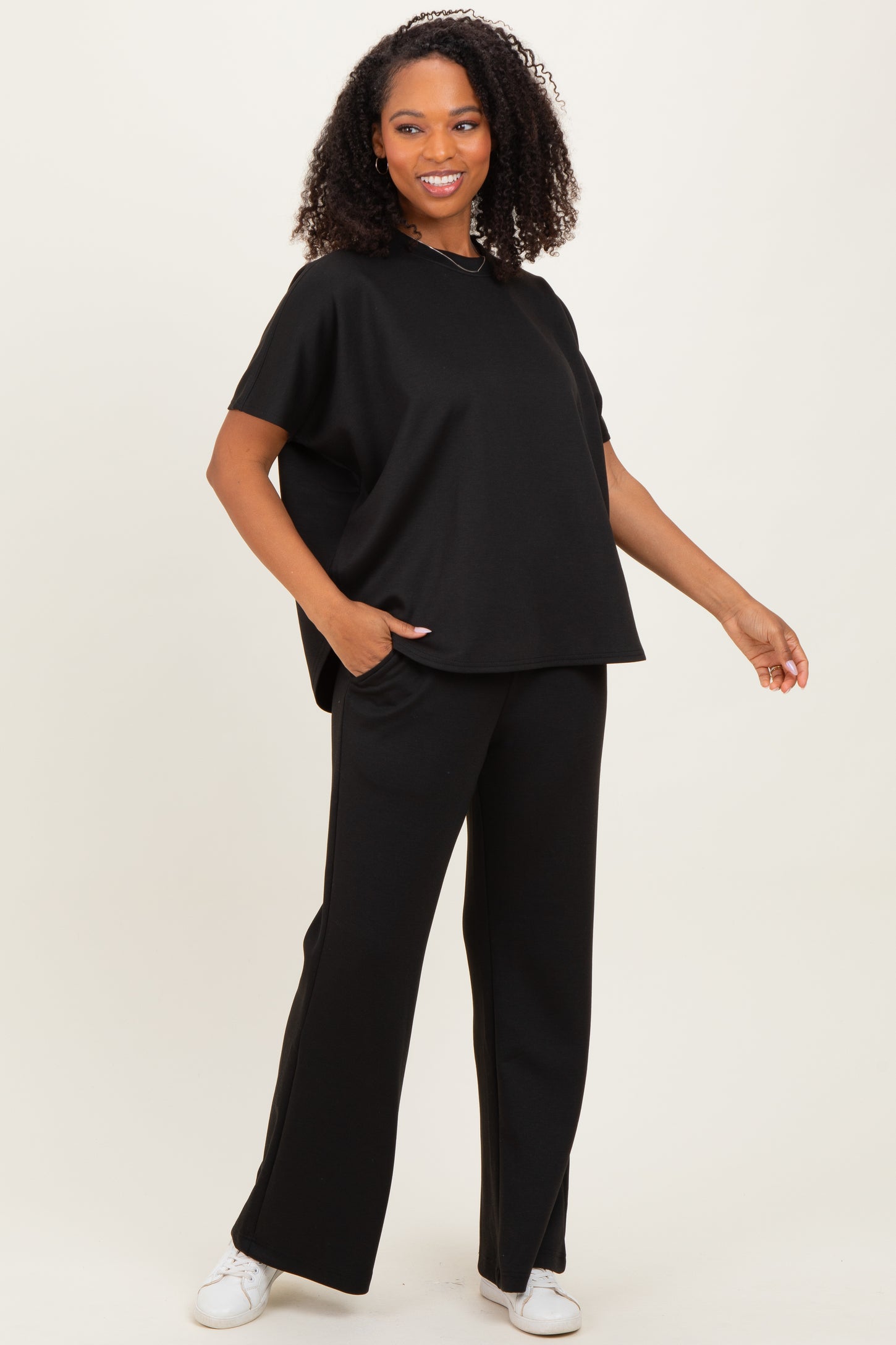 Black Curved Hem Tee Pants Maternity Set