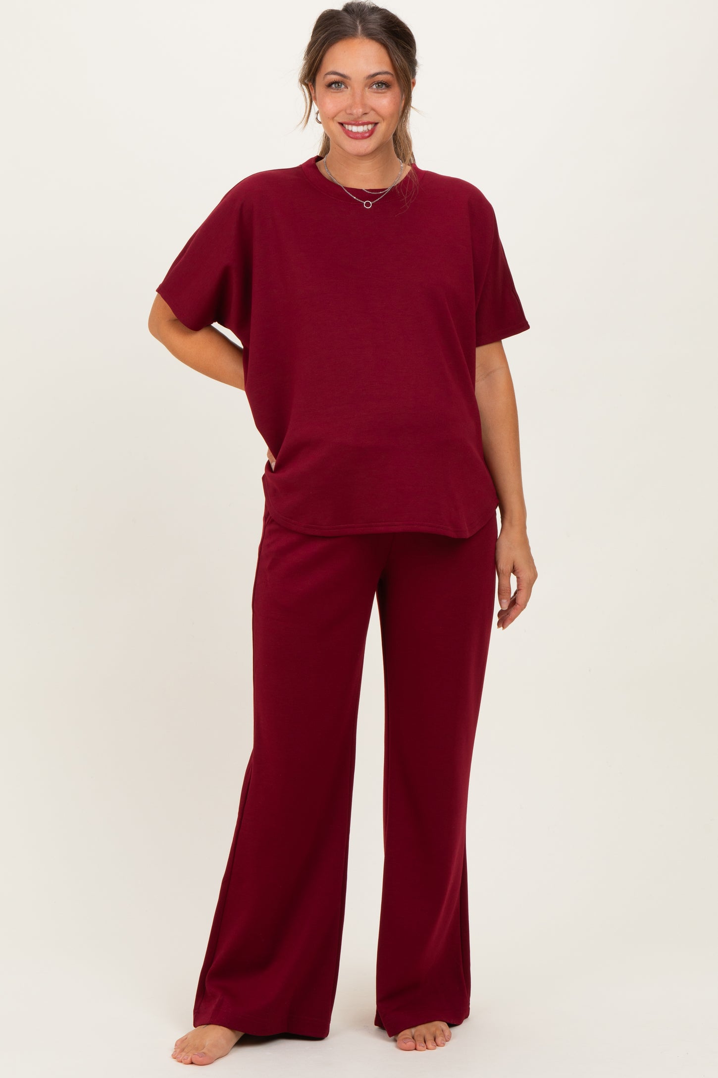 Burgundy Curved Hem Tee Pants Maternity Lounge Set