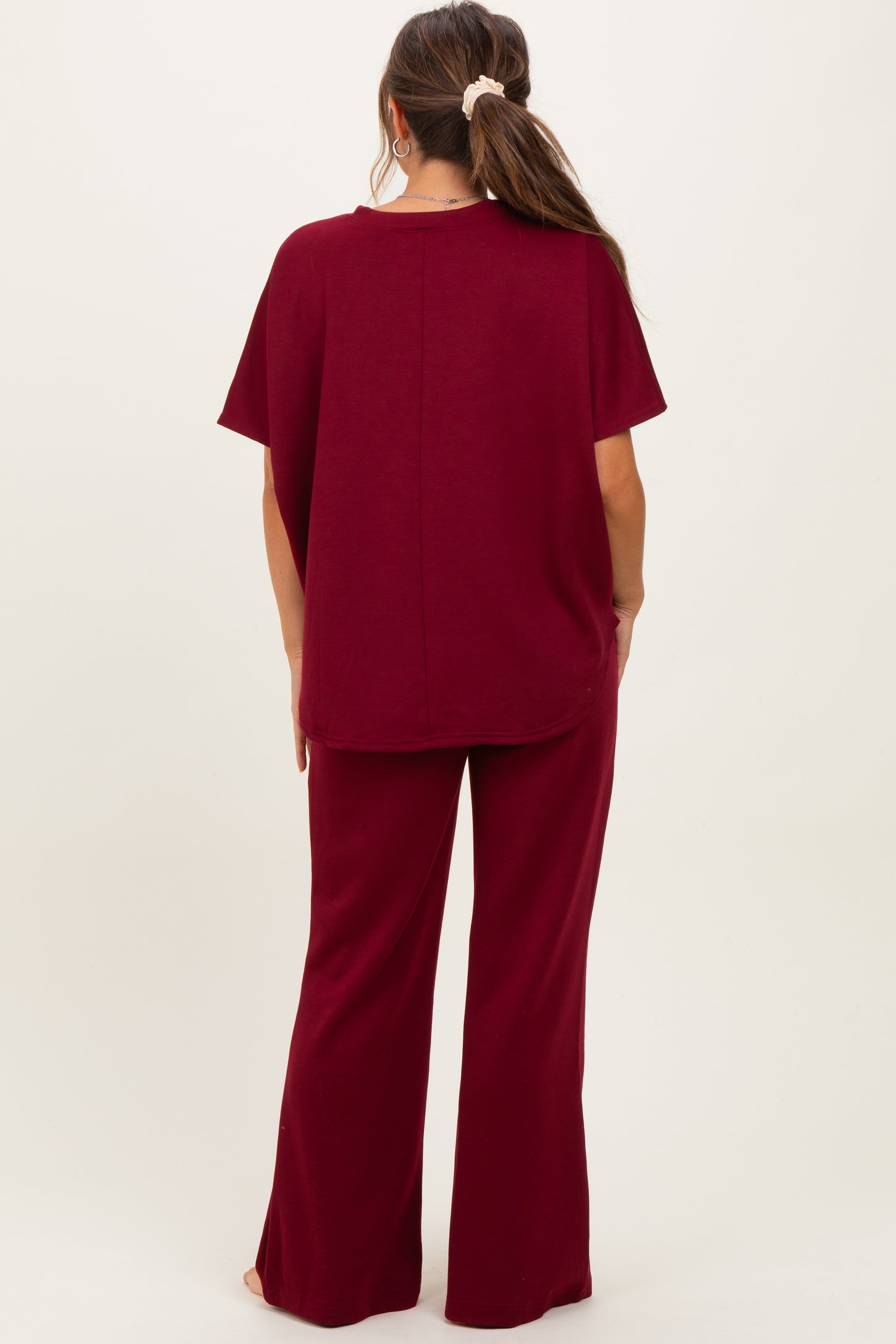 Burgundy Curved Hem Tee Pants Maternity Lounge Set