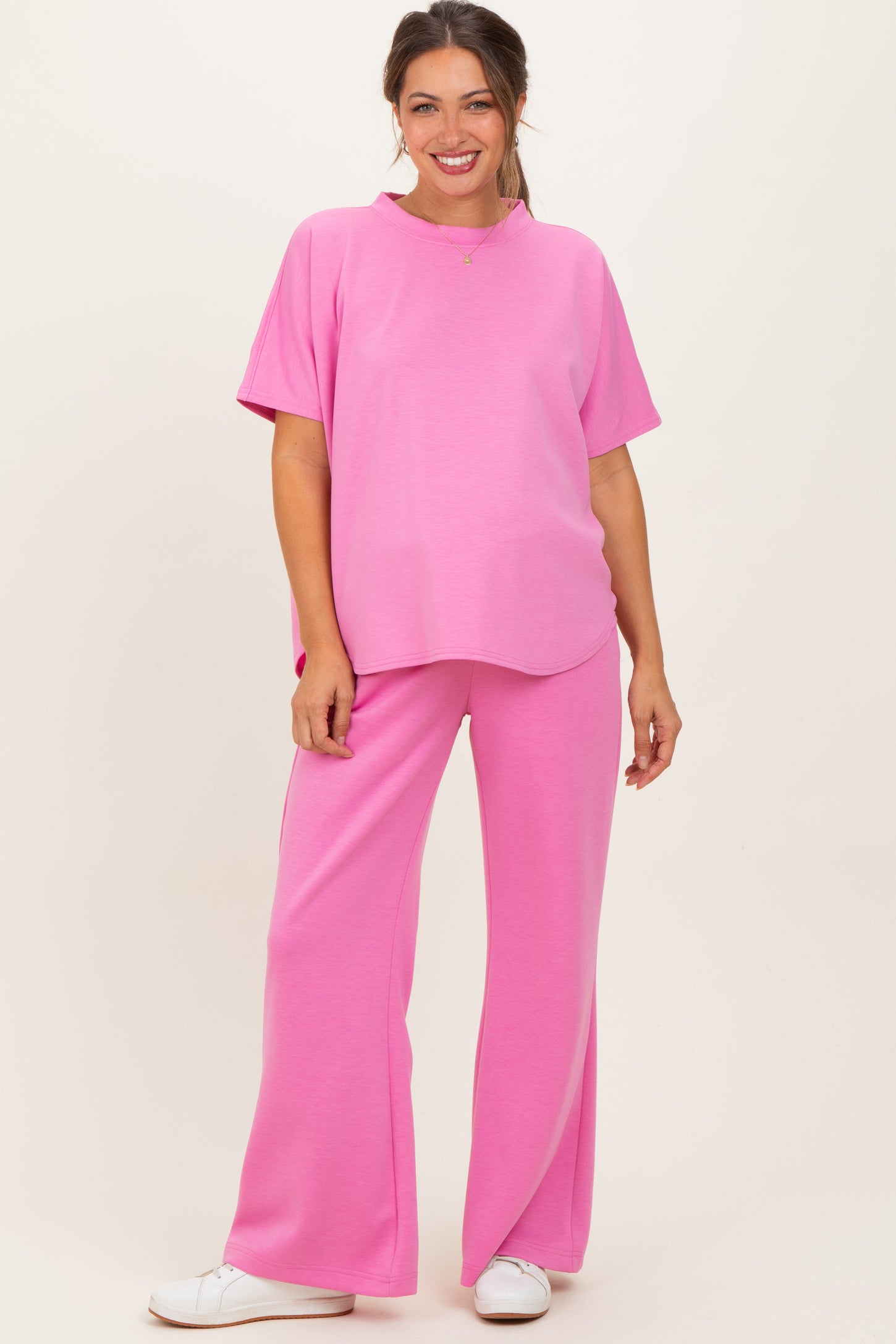 Pink Curved Hem Tee Pants Maternity Lounge Set
