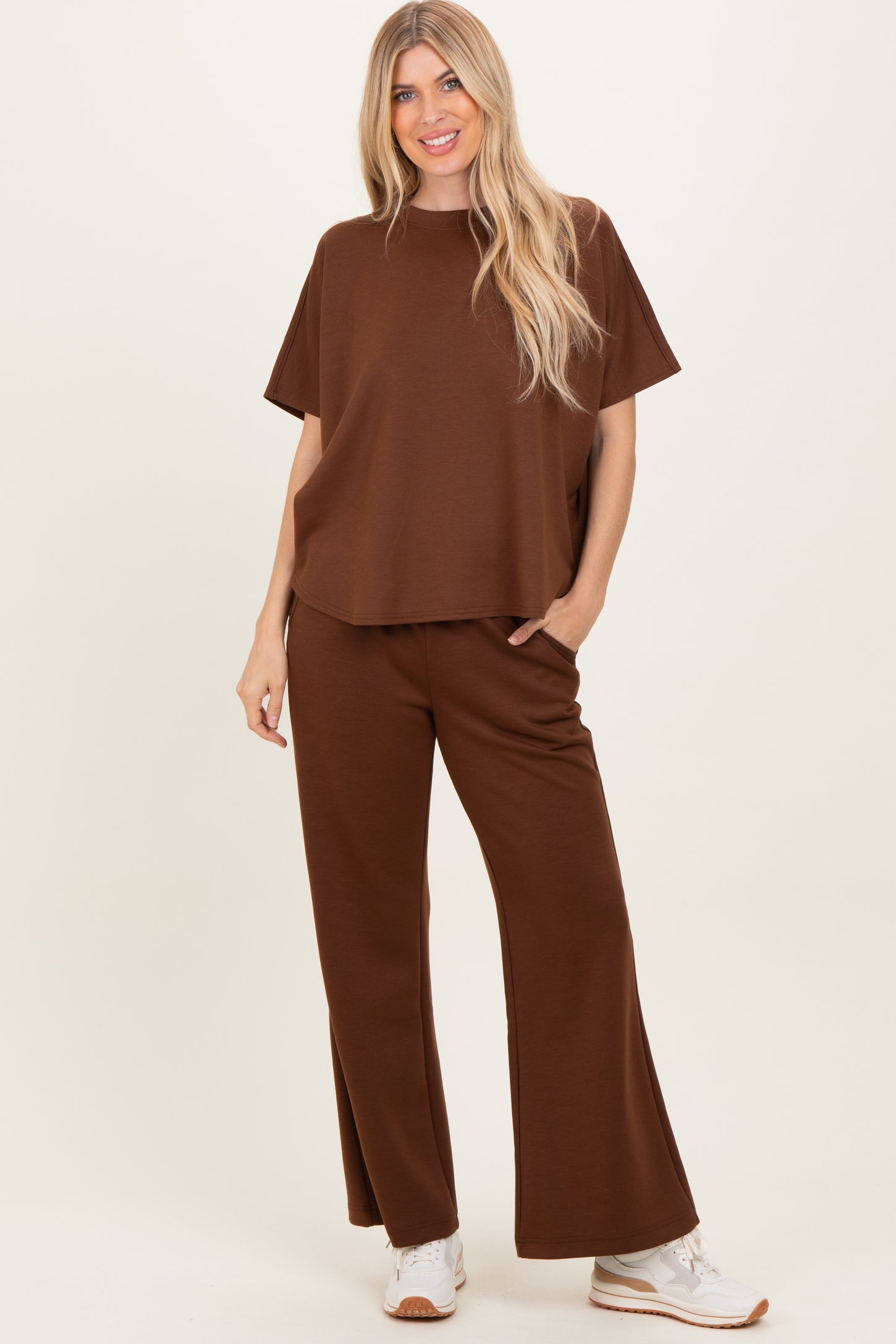 Brown Curved Hem Tee Pants Maternity Set