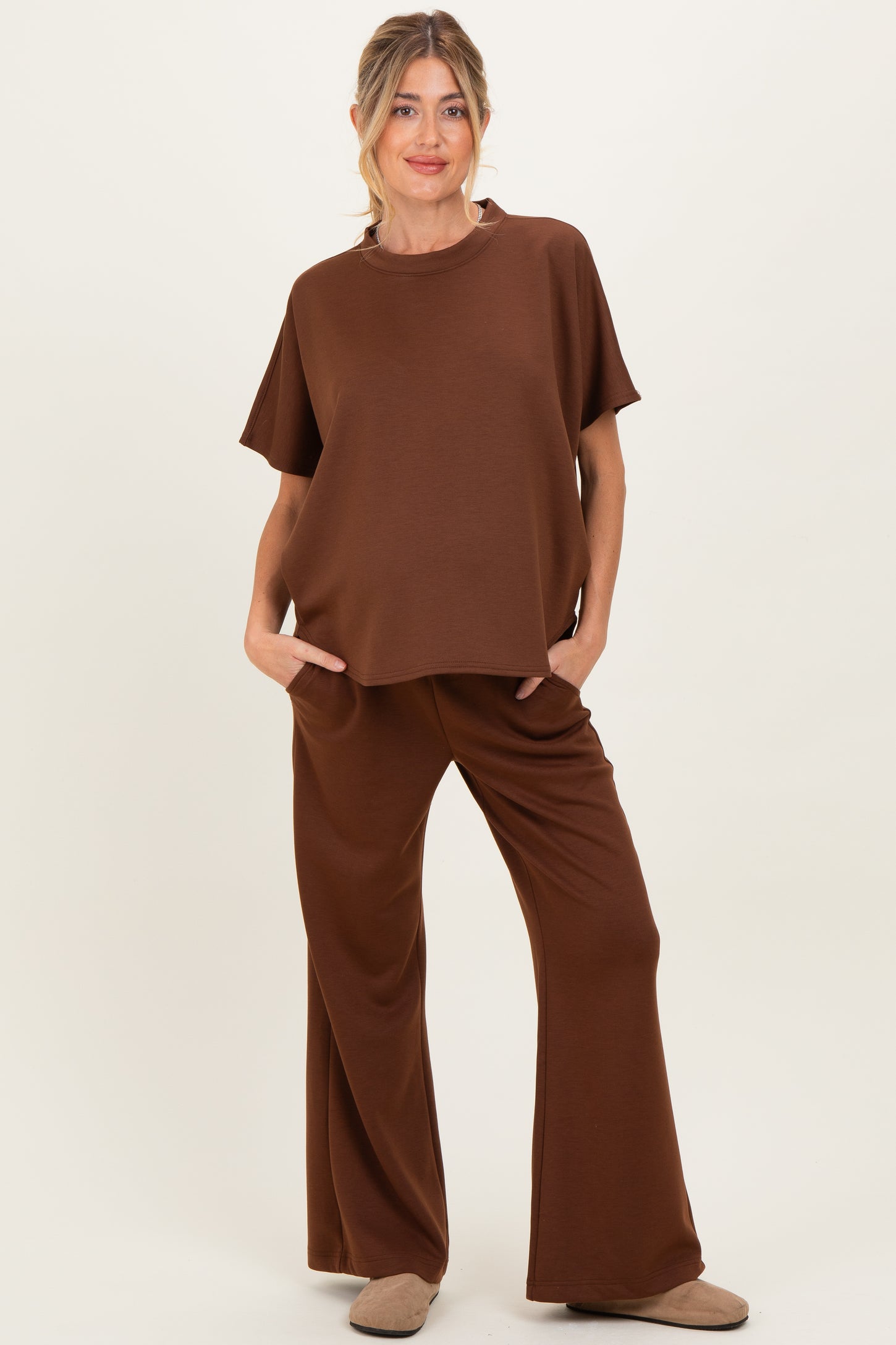 Brown Curved Hem Tee Pants Maternity Lounge Set