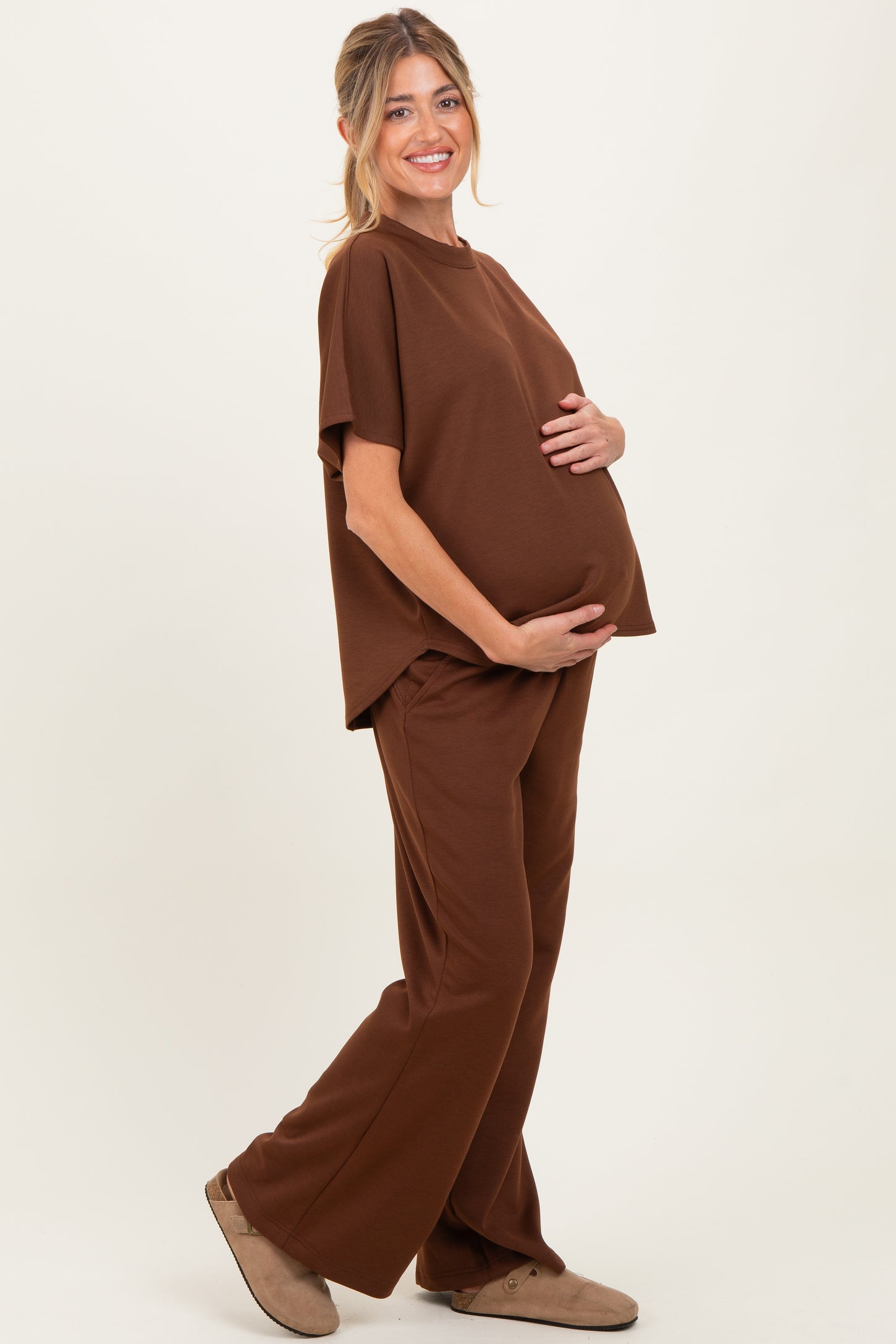 Brown Curved Hem Tee Pants Maternity Lounge Set