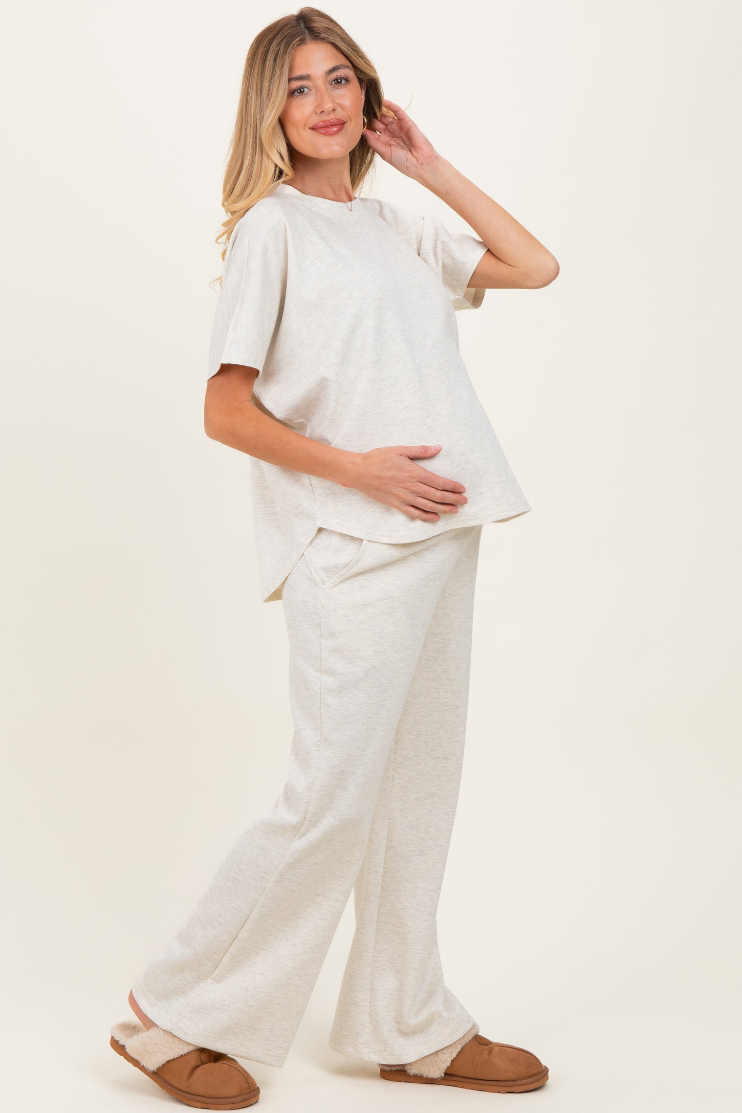Cream Curved Hem Tee Pants Maternity Lounge Set