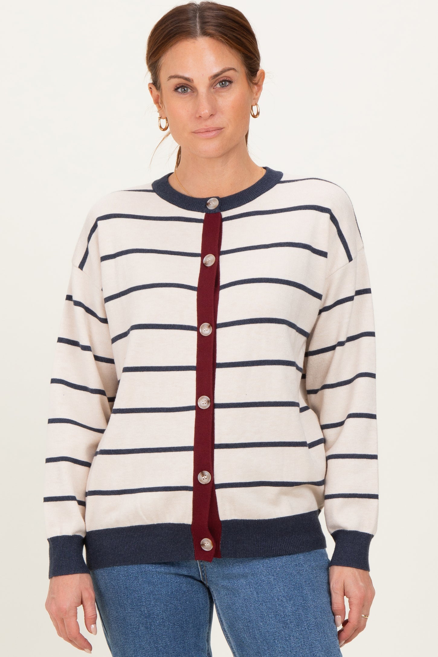 Oatmeal Striped Relaxed Fit Button Maternity Cardigan